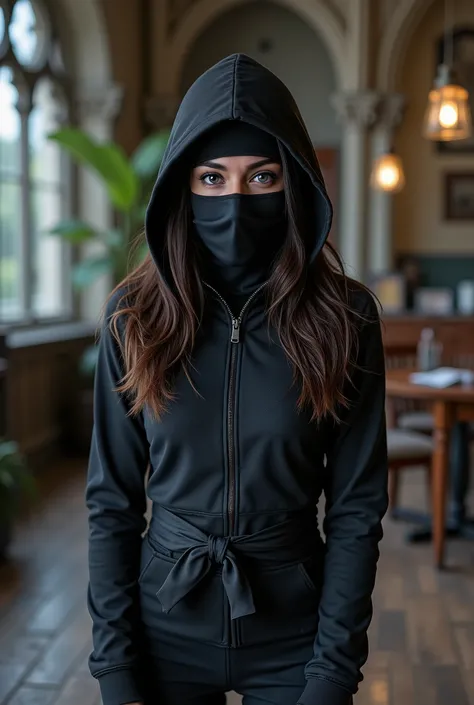 ((, Long dark brown hair, bright blue eyes, wears a black mask,  covering her nose and mouth )), ((wearing ninja clothes)), ((Von Hogwarts )), photorealistic, full body, whole body, ninja shoes 