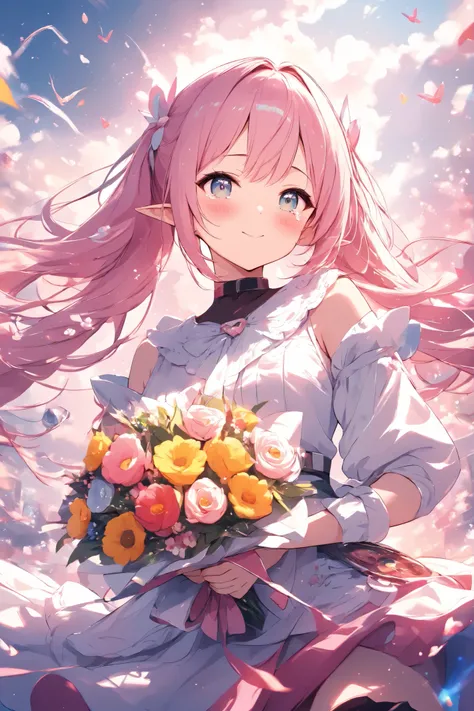 (masterpiece:1.2),(Max Video Quality),(top quality),(Breathtaking creations),(Ridiculously absurd:1.2),pale shade、Elf girl holding a bouquet of flowers、cry for joy、blush my cheeks、Works that reveal the heart、May there be peace