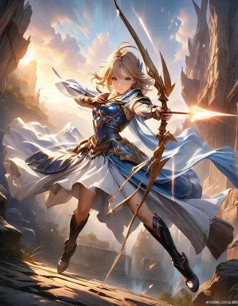 A girl aiming a bow, holding weapon, JK amine girl, The tip of the arrow emits a radiant glow, goddess, blue armor, black boots, (detailed perfect face), anime style, detailed anime artwork, ultra-realism, (masterpiece, best quality:1.2), extremely detaile...