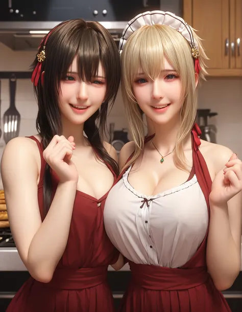 yuki yokoya and violet evergarden, two anime girls with big breasts, two women pose, full body shot, camera angle profesional, excited, with flushed cheeks, wearing red cooking apron only, oppai, oppai proportions, two beautiful anime girls (yuki yokoya an...
