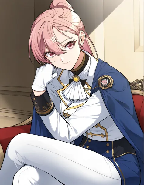 masterpiece,best quality,Regina rena, 1girl, solo , pink hair, ponytail,wearing a stylish military-inspired ,, white pants , blue skirt, Jacket , blue Cape ,white military-style jacket with gold accents, including decorative buttons and trim, Gloves , sitt...