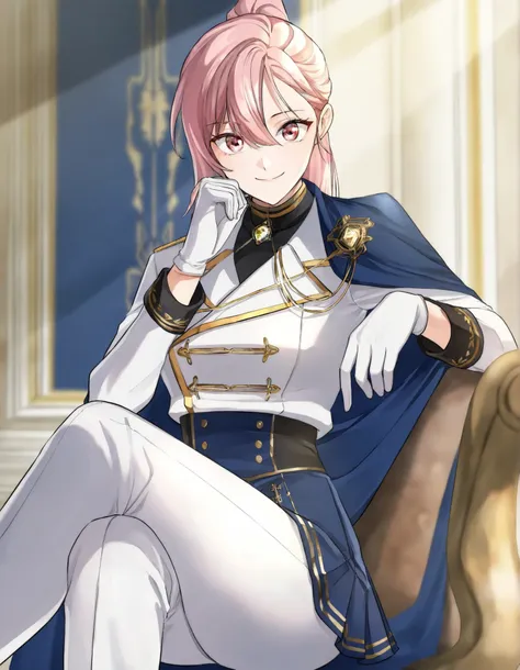 masterpiece,best quality,Regina rena, 1girl, solo , pink hair, ponytail,wearing a stylish military-inspired ,, white pants , blue skirt, Jacket , blue Cape ,white military-style jacket with gold accents, including decorative buttons and trim, Gloves , sitt...
