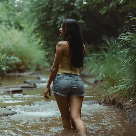 A young Latina woman stands in a shallow, crystal-clear stream surrounded by tall, damp green grass and shaded summer vegetation. She is facing away from the camera, her back gently arched, capturing the elegant lines of her figure. Her arms rest softly at...