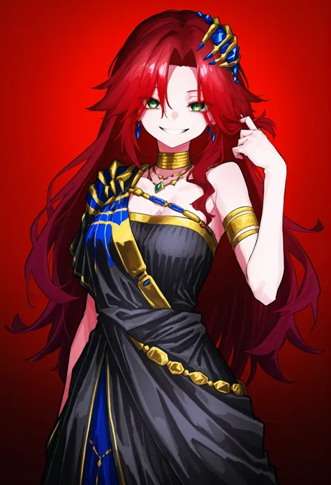 by vivo (vivo sun 0222), by ekrea jan, 1girl, solo, sophia\(manus vindictae\)\(reverse:1999\), green eyes, long hair, red hair, curtained bangs, black dress, jewelry, playing with own hair, hand up, looking at viewer, smile, grin, evil grin, crazy grin, re...