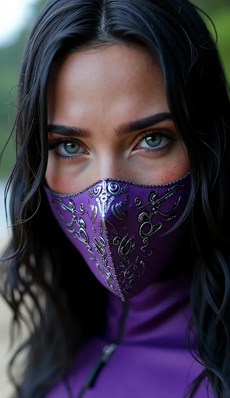 Hyper-realistic photographic style. like Mileena Mortal Kombat. Close-up do rosto. Extremely realistic purple mask and silver details. flawless skin texture. fundo: praia densa,  Greg Rutkowski style  . neckline dramatic lighting. 8k. 8k, details rendered ...