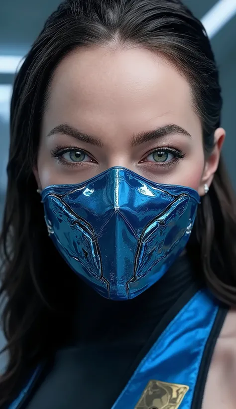 Make Gal Gadot like Kitana a hyper realistic image close up upper body with a blue metallic mask hyperdetailed textures the hyperrealistic background

