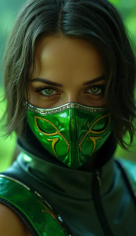 Play Joey King like Jade from Mortal Kombat hyper realistic image, shiny metallic green mask, hyper realistic background with 8k textures close up upper body