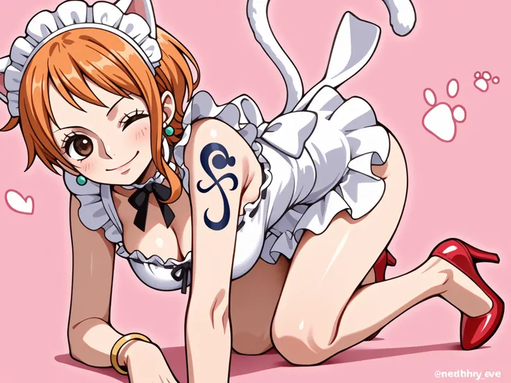 Cat Ears Maid Outfit, earrings,  high heels, bracelet,  tattoo , orange hair, masterpiece, Healthy appearance、 One Piece Nami、dynamic、Portrait、beautiful background sea and windmills、camera、smile、 close one eye、full body、background with thousands of flowers...