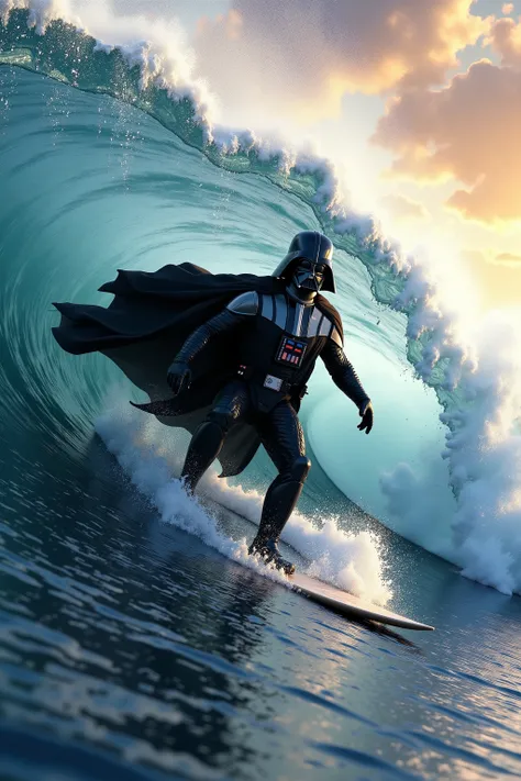 (Top Quality: 1.4),( Art by Peter Mohrbacher), (Unparalleled Masterpiece),(Ultra High Definition),(Ultra-Realistic 8k CG),,(Darth Vader riding on the surfboard), (riding on waves :2.0),(dynamic angle:1.2),high quality,(cool),(dynamic action pose) ,passing ...