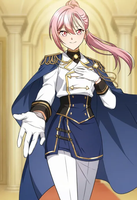 score_9,score_8_up,score_7_up,source anime,anime screencap,anime coloring,masterpiece,best quality,masterpiece,best quality,Regina rena, 1girl, solo , pink hair, ponytail,wearing a stylish military-inspired ,, white pants , blue skirt, Jacket , blue Cape ,...