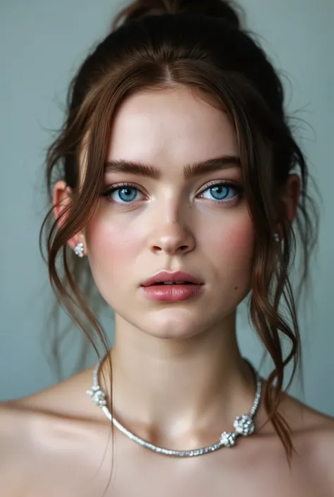 Paola, 18 year old, beautiful, tez blanca, pale, dark hair, blue eye lenses, ultra-detailed , bare face, portrait holder, ponytail, front shot, photo taken from the front