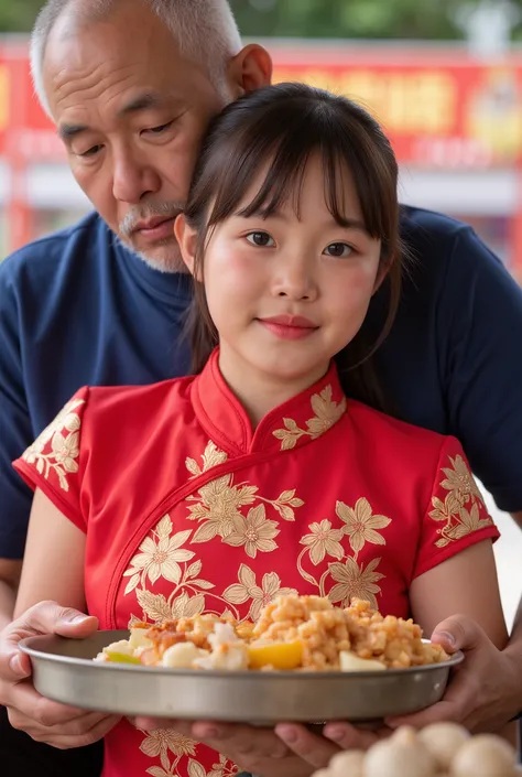 Beautiful Asian Southeast girl wearing traditional red cheongsam adorned with intricate golden patterns, girl red lips, the old man hugged him from behind, girl preparing cooking food at a street food festival