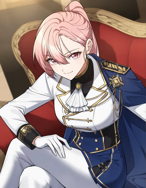 masterpiece,best quality,Regina rena, 1girl, solo , pink hair, ponytail,wearing a stylish military-inspired ,, white pants , blue skirt, Jacket , blue Cape ,white military-style jacket with gold accents, including decorative buttons and trim, Gloves , sitt...
