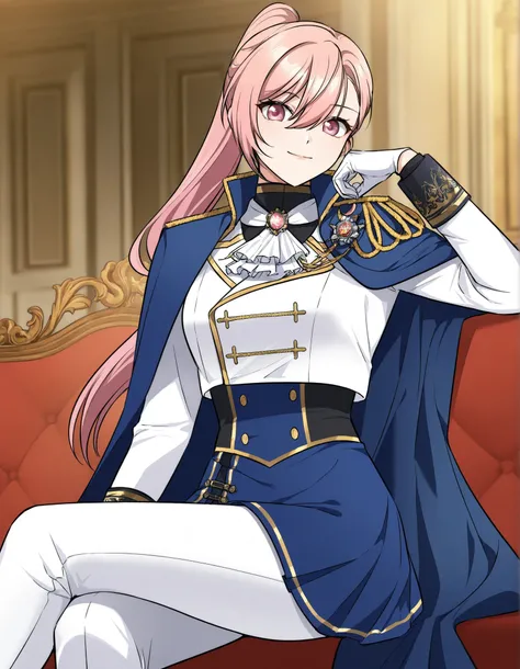 masterpiece,best quality,Regina rena, 1girl, solo , pink hair, ponytail,wearing a stylish military-inspired ,, white pants , blue skirt, Jacket , blue Cape ,white military-style jacket with gold accents, including decorative buttons and trim, Gloves , sitt...