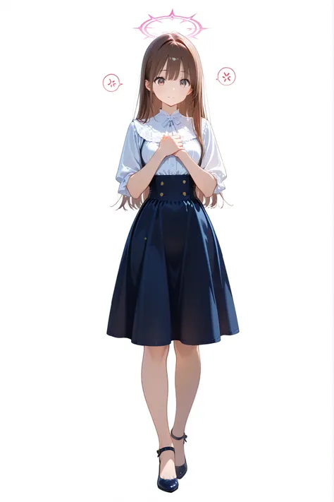 female holding both hands on chest, flat bust, long straight hair, blouse and tight skirt, grateful expression, full body in frame, transparent background