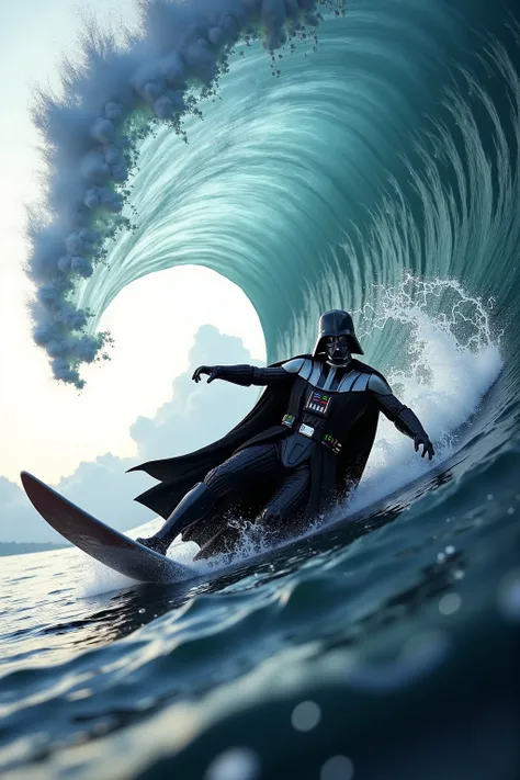 (Top Quality: 1.4),( Art by Peter Mohrbacher), (Unparalleled Masterpiece),(Ultra High Definition),(Ultra-Realistic 8k CG),Darth Vader,(Darth Vader riding on the surfboard), (riding on waves :2.0),(dynamic angle:1.2),high quality,(cool),(dynamic riding pose...
