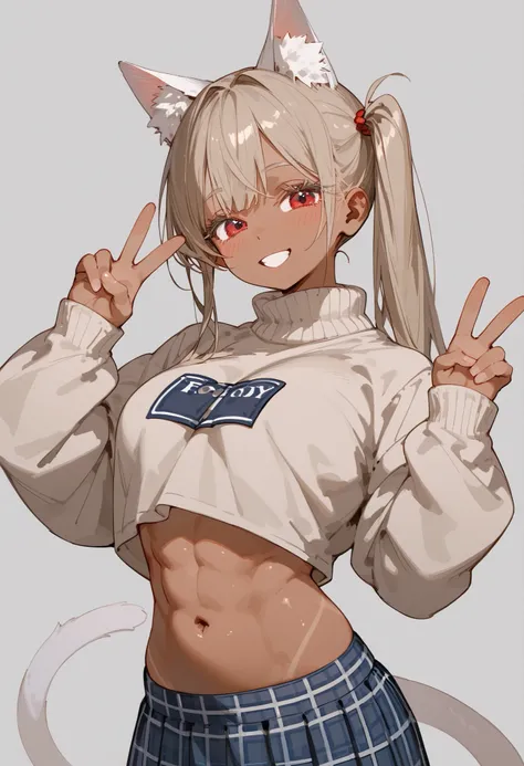 girl,White animal ears, in red eyes ,Tanned skin,Gray fur,long ponytail,Has a long tail,Good shape,belly,thin,side ponytail, shy,,Long Eyelashes,,Medium Bust,Light Brown Sweater,Navy Plaid Skirt,Men's Socks, Bra , tank top,Put on gray socks,belly,,Six pack...