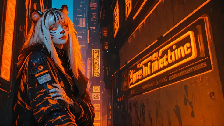 Cyberpunk female character looking like a feline hybrid. She has skin painted with tiger stripes in vibrant orange tones, white and black , reminiscent of a tiger's coat. Your eyes are intensely bright, of an incandescent orange hue, and she has realistic...