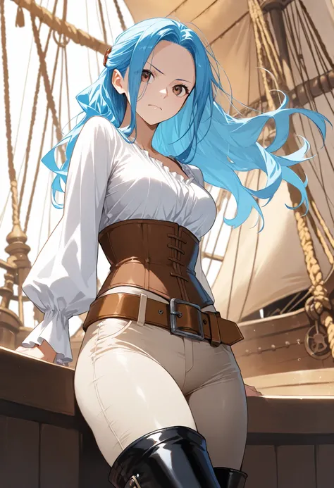 score9_up, score8_up, score7_up, solo, alone masterpiece, best quality, nefertari-vivi, blue hair, long hair, black boots, black thigh boots,beige pants, beige tight pants, white shirt, brown belt, brown corset, on a pirate ship, very beautiful