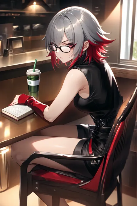 Best Anime 4k 
Serious look, weekends、room 、short layered hair with red highlights on white hair、sleeveless black zip up top、cool and edgy temporary look、no visible accessories drawn with、confident and slightly rebellious pose、Read a book with a serious ex...