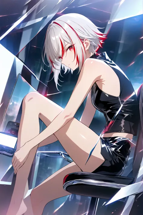 white-haired woman　red eyes,anime 
short layered hair with red highlights on gray hair、sleeveless black zip up top、cool and edgy temporary look、no visible accessories drawn with、confident and slightly rebellious pose、Side Glance、SMOOTH FAIR SKIN、bar　barカウン...