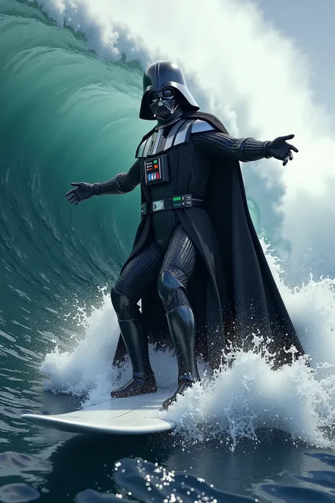 (Top Quality: 1.4),( Art by Peter Mohrbacher), (Unparalleled Masterpiece),(Ultra High Definition),(Ultra-Realistic 8k CG),Darth Vader,(Darth Vader standing on the surfboard), (riding on waves :2.0),(dynamic angle:1.2),high quality,(cool),(Majestic Arms cro...