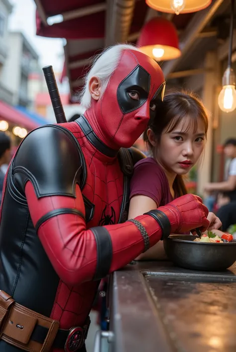 Beautiful Asian Southeast girl wearing Red Deadpool costume, Deadpool cosplay, girl red lips, girl , the old man hugged him from behind, old man wearing Spiderman costume, old man wearing Spiderman cosplay, old man 80 year old, girl preparing cooking food ...