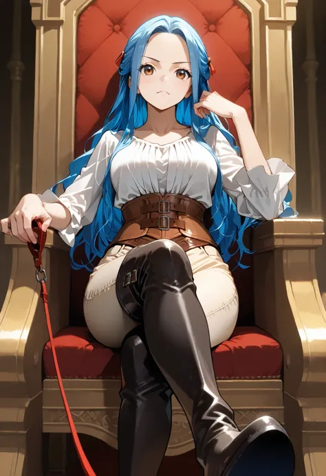 score9_up, score8_up, score7_up, alone, solo, masterpiece, best quality, nefertari-vivi, blue hair, long hair,sitting on throne, crossed legs, dominant, black boots, black thigh boots,beige pants, beige tight pants, white shirt, brown belt, brown corset, p...