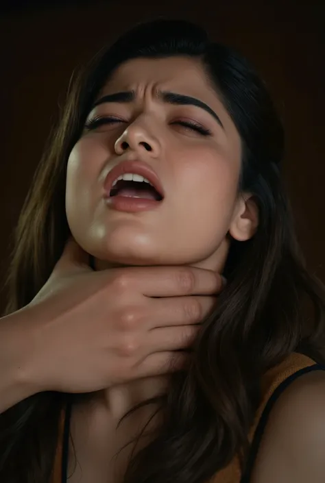 Close up of women getting strangled, eyes closed, chin up 
