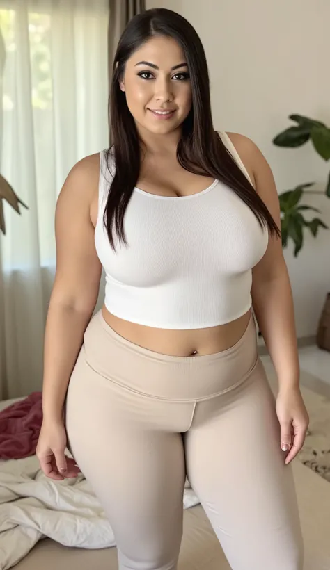 MODEL DESCRIPTION: A Latina Woman with Long Brown Hair. This model has brown skin and medium – sized breasts.
Wearing a white fitted tank top and beige joggers
Standing near a sunlit window
In a bright bedroom with indoor plants and boho décor
