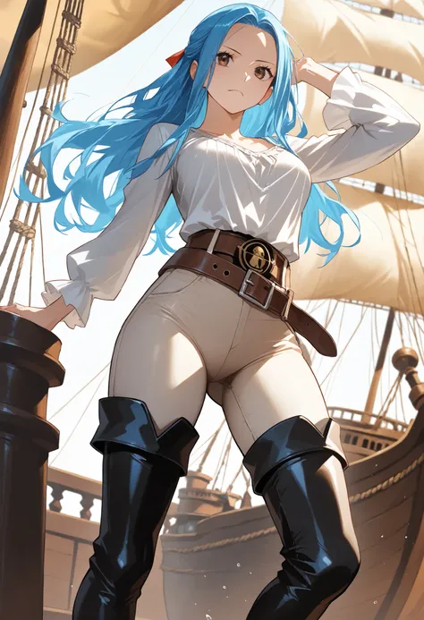 score9_up, score8_up, score7_up, solo, alone masterpiece, best quality, nefertari-vivi, blue hair, brwon eyes, long hair, black boots, black thigh boots,beige pants, beige tight pants, shirt, belt, on a pirate ship, very beautiful