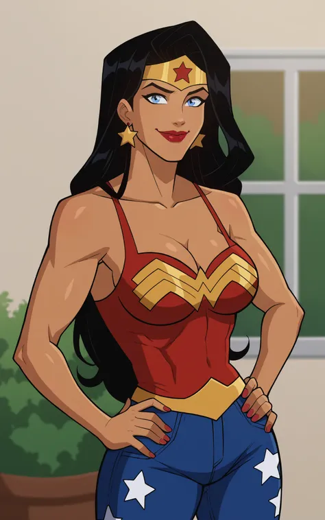 score_9,score_8_up,score_7_up BREAK wonderAP,1girl, solo, long hair, blue eyes, black hair, bare shoulders, jewelry, earrings, dark skin, red crop top, blue jeans, red leather jacket, smiling, closed mouth, standing, happy expression, star print, superhero...