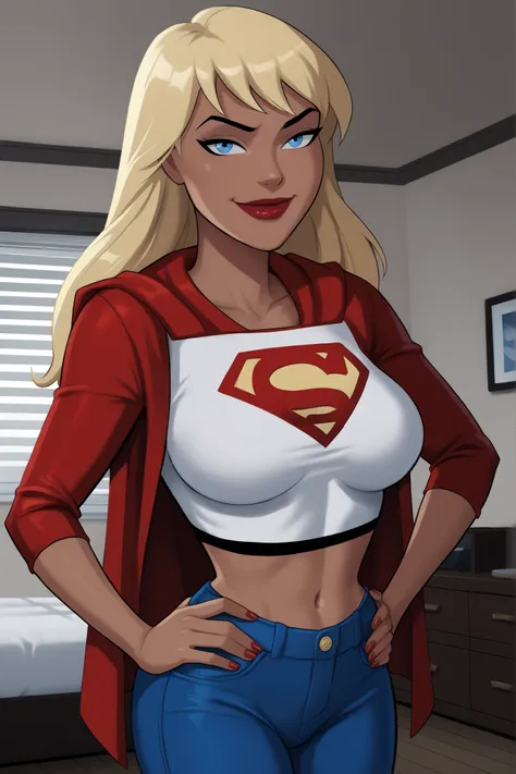 PonyXLV6_Scores BREAK ((parody), perfect anatomy, perfect eyes, cowboy shot) BREAK kara zor-el, long hair, blonde hair, blue eyes, dark-skinned female, lipstick, red lips, ((looking at viewer)), superhero, dark blue crop top, red leather jacket, red jeans,...