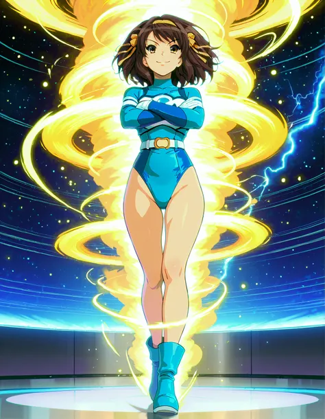 Masterpiece, best quality, high res, 8k, solo, solo focus, 1girl, sysdeep_haruhi, suzumiya haruhi as a superhero, (blue highleg leotard with white accents:1.2), (high waisted belt:1.4, tight belt:1.4), (bare legs:1.4), matching gloves, (matching boots, blu...