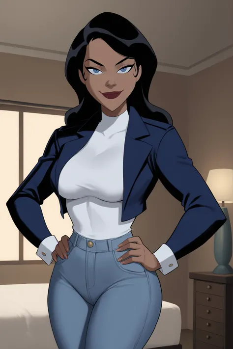 PonyXLV6_Scores BREAK ((parody) perfect anatomy, perfect eyes, cowboy shot), BREAK zatanna zatara, long hair, black hair, dark-skinned female, blue eyes, bright red lipstick, ((looking at viewer)), navy leather jacket, long sleeve, white crop top, navy jea...
