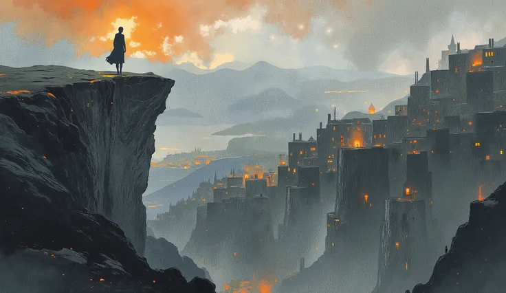Create a illustration, color palette orange, blue, white and black, watercolor, inspired by the legend of the Grey Lady of Kinsale. The scene should depict either the ghost of the Lady standing on a cliff, gazing down into the abyss, with the faint silhoue...
