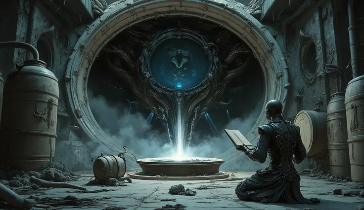 Prompt:
"In the core of a derelict space station adrift beyond mapped reality, the brewing chamber pulses like a biomechanical heart. Fermenters of tarnished alloy and organic tubing stretch toward a ceiling of shifting fractal geometry. Barrels float in z...