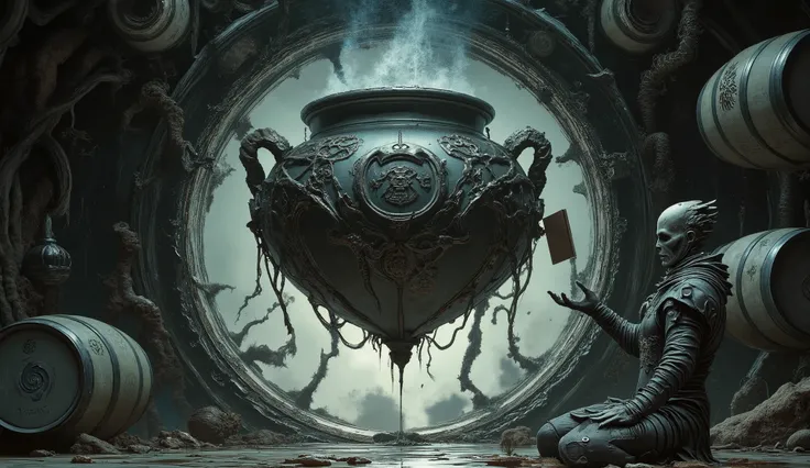 Prompt:
"In the core of a derelict space station adrift beyond mapped reality, the brewing chamber pulses like a biomechanical heart. Fermenters of tarnished alloy and organic tubing stretch toward a ceiling of shifting fractal geometry. Barrels float in z...