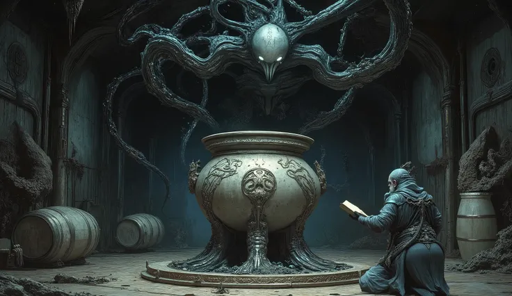 Prompt:
"In the core of a derelict space station adrift beyond mapped reality, the brewing chamber pulses like a biomechanical heart. Fermenters of tarnished alloy and organic tubing stretch toward a ceiling of shifting fractal geometry. Barrels float in z...