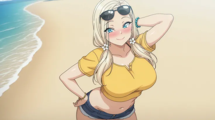 1 girl, reina kurashiki, blonde hair, long hair, big breasts, smiling, blushing, viewer looking, masterpiece, best quality, standing, arm behind head, hand on own hip, twintails, flower in hair, sunglasses, glasses on head, blue eyes, yellow shirt, cropped...
