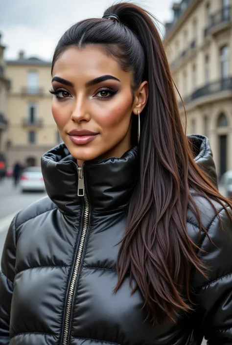a slim ponytail girl,beautiful detailed eyes,beautiful freckles,beautiful detailed lips,extremely detailed eyes and face,longeyelashes,in beautiful detailed hooded formfitting duvetica overfilled shiny hyper gleamy hyper thick glossy unsealed puffer jac...