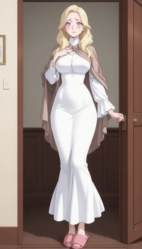 A mature beautiful woman with blond hair, extremely fair white natural skin, big pink eyes, red plump glossy lips, pink nails, a small waist, and a perfect slim yet curvy body. She's only wearing a long ankle-length white garment with full flared sleeves, ...