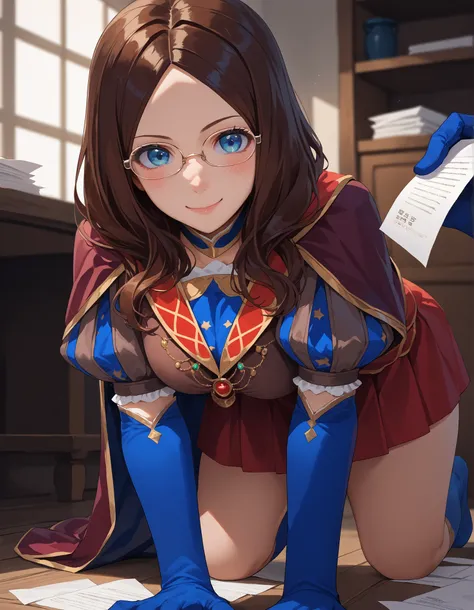 score_9, score_8_up, score_7_up, score_6_up, source_anime, 1girl, solo  leodv, brown hair, long hair, parted bangs, blue eyes, brown dress, short puffy sleeves, red skirt, blue gloves, elbow gloves, blue thighhighs, cape, big breasts, all fours, looking at...
