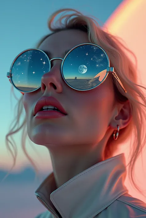 The model is wearing glass sunglasses with stars and the moon on the glass