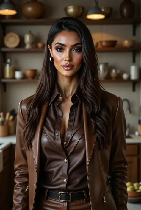 a beautiful women, dark hair, leather 3 piece suit and satin shirt with a tie, sitting in a fully stocked vintage kitchen, light makeup, masterpiece,cinematic,lifelike,hyperrealistic,8k,photorealistic,highly detailed,intricate,exquisite,elegant,beautiful,s...
