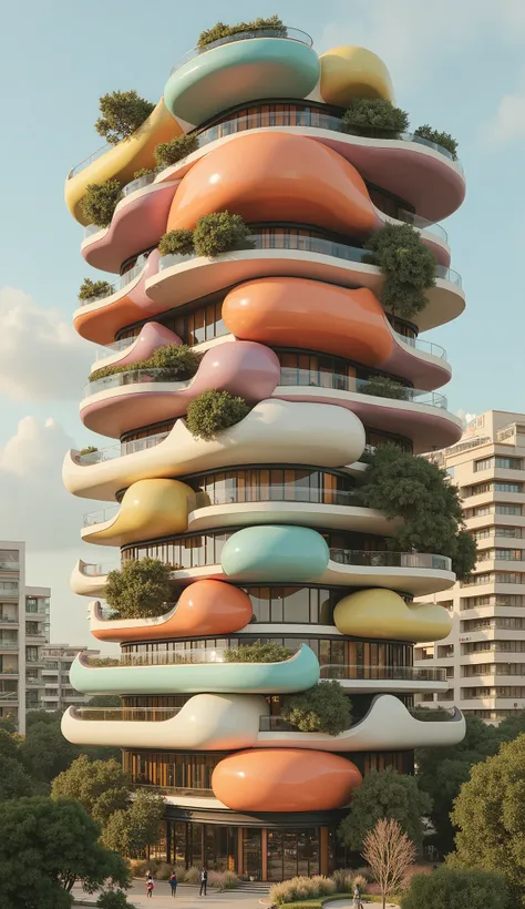 Close-up of a beautiful smiling Norwegian woman. A hyperrealistic photo of an office building in Dubai, made with futuristic, capsule-shaped horizontal modules of different colors, in the style of artist Pablo de la Chapelle and influenced by the works of ...