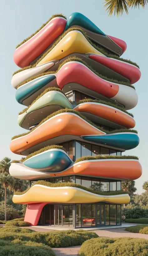 Close-up of a beautiful smiling Norwegian woman. A hyperrealistic photo of an office building in Dubai, made with futuristic, capsule-shaped horizontal modules of different colors, in the style of artist Pablo de la Chapelle and influenced by the works of ...