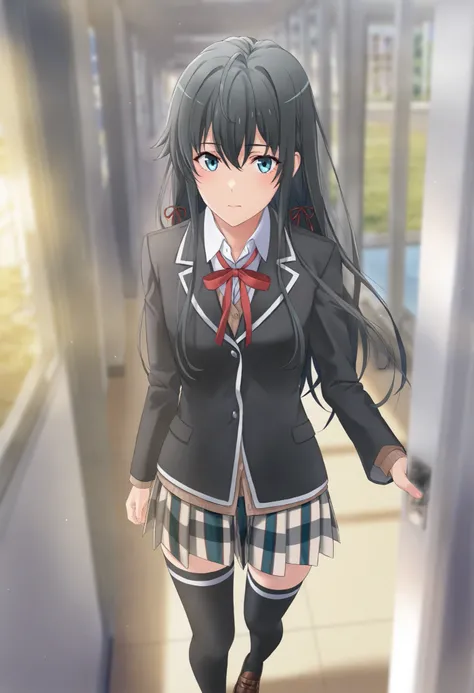 score_9,score_8_up,score_7_up,source anime,,masterpiece,best quality,yukinoshita yukino, blue eye,black long hair, ahoge, hair ribbon, standing school uniform, neck ribbon, collared shirt, blazer, black jacket, long sleeves, plaid skirt, black thighhighs,B...