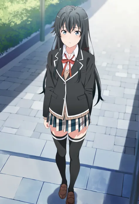 score_9,score_8_up,score_7_up,source anime,,masterpiece,best quality,yukinoshita yukino, blue eye,black long hair, ahoge, hair ribbon, standing school uniform, neck ribbon, collared shirt, blazer, black jacket, long sleeves, plaid skirt, black thighhighs,B...