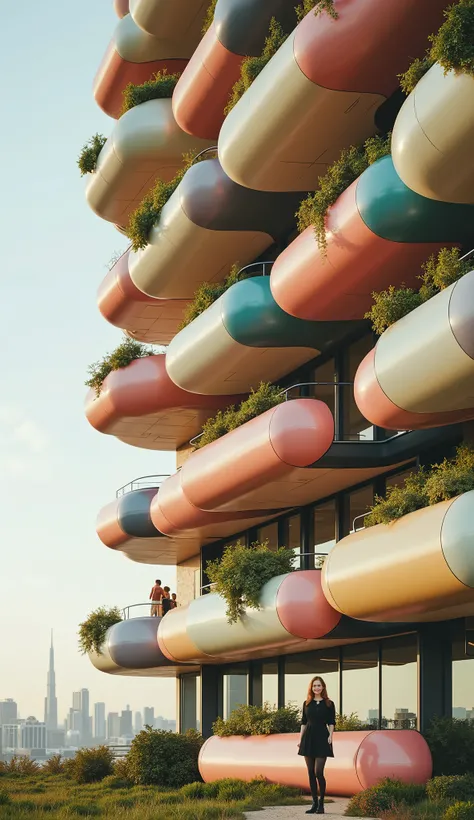 Close-up of a beautiful smiling Norwegian woman. A hyperrealistic photo of an office building in Dubai, made with futuristic, capsule-shaped horizontal modules of different colors, in the style of artist Pablo de la Chapelle and influenced by the works of ...